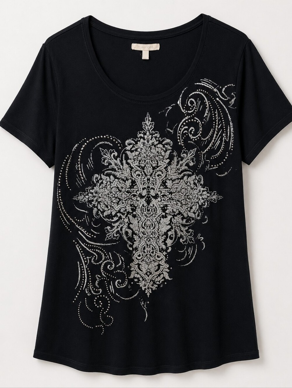 Maurices Black Short-Sleeve Scoop Neck Tee with Silver Cross Design